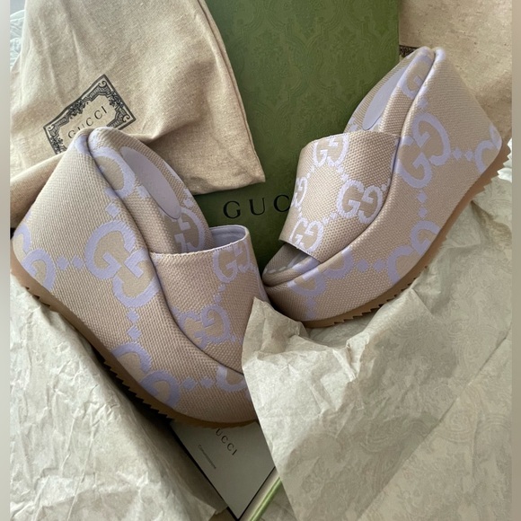 NIB Gucci Monogram Jumbo GG Platform Slide Wedge Sandals - Picture 2 of 7